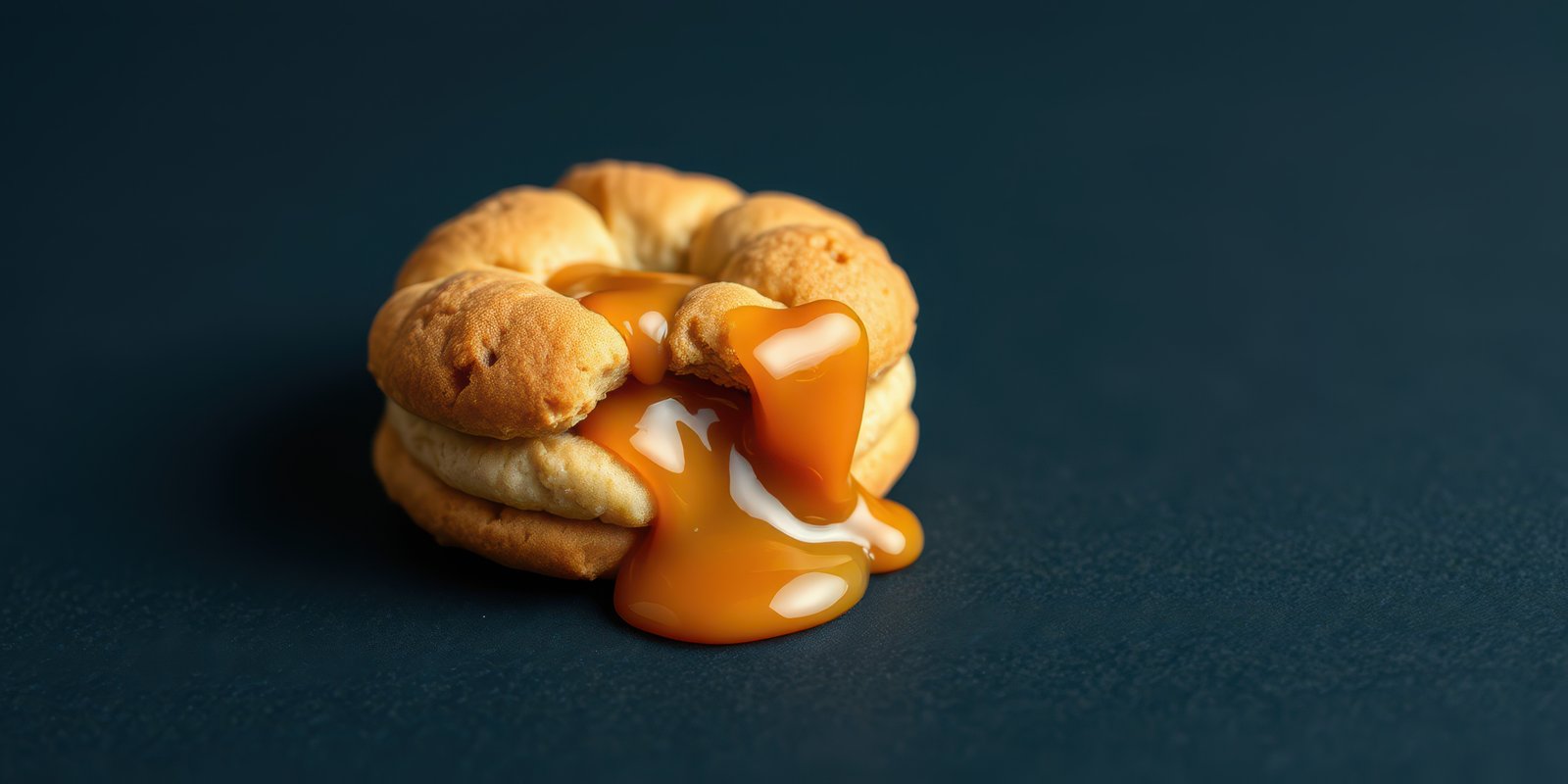 Warm cookie filled with melting caramel on a dark background for dessert lovers